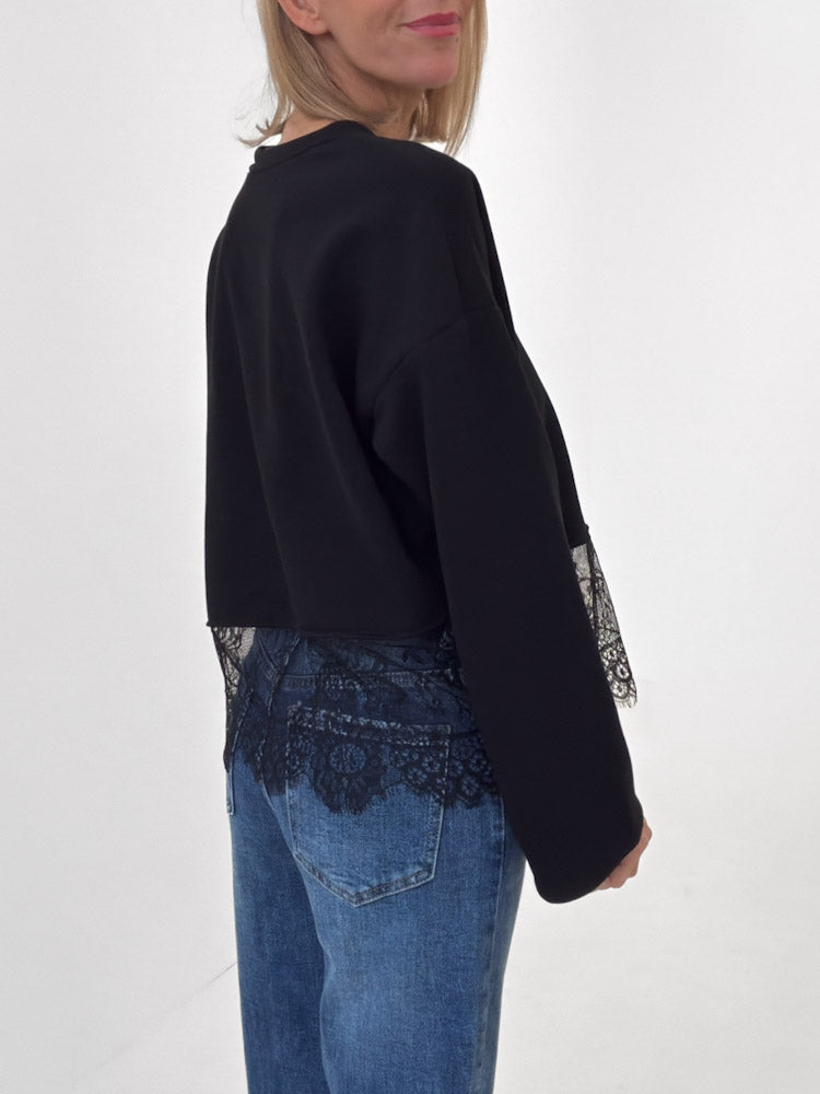 "Faro Lace" stylisches Sweatshirt mit Spitzendetails - schwarz