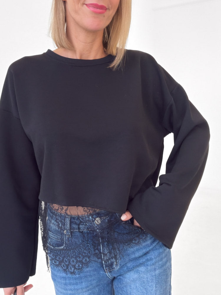 "Faro Lace" stylisches Sweatshirt mit Spitzendetails - schwarz