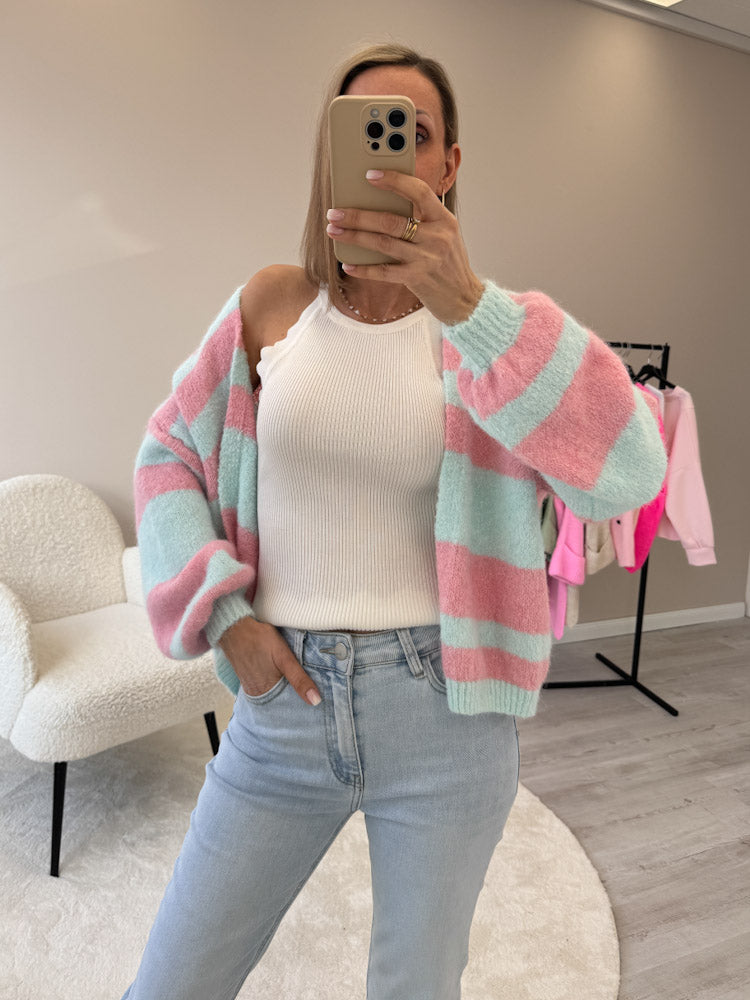 "Denver Stripes" weicher Cardigan mit Lana Wolle - türkis/rosa