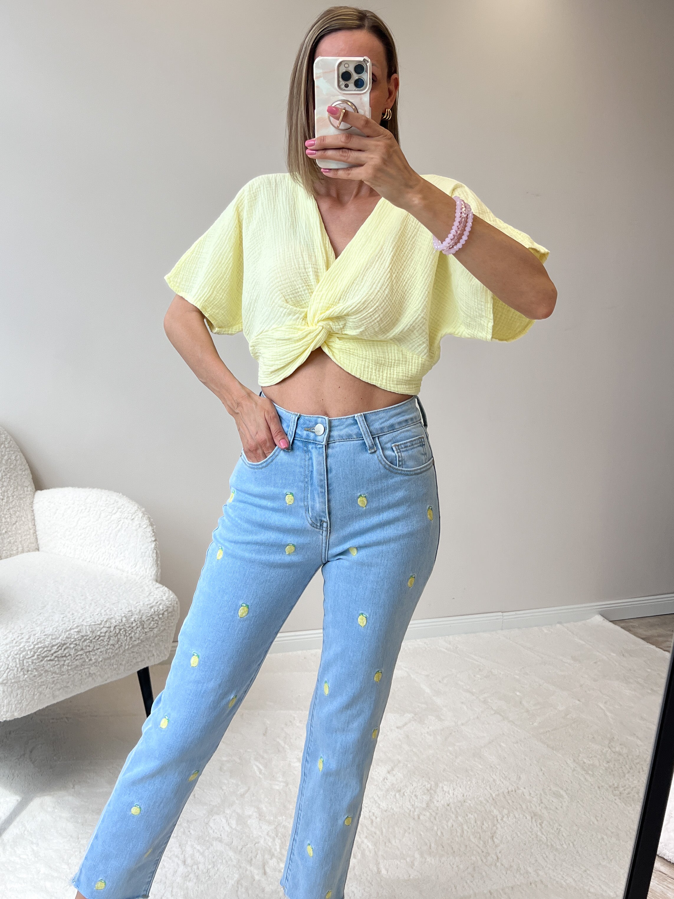 "Waffle Crop" Top aus Musselin - gelb