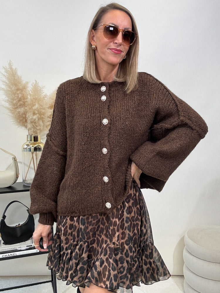 "Cozy Button Mini" kuscheliger Cardigan - dunkelbraun