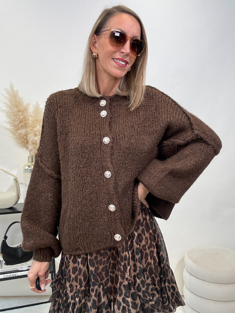"Cozy Button Mini" kuscheliger Cardigan - dunkelbraun