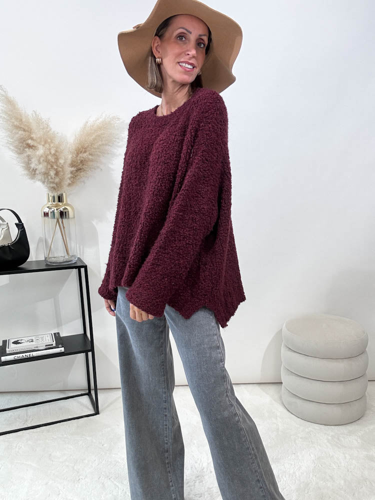 "Bouclé" kuscheliger Oversize Pulli - bordeaux