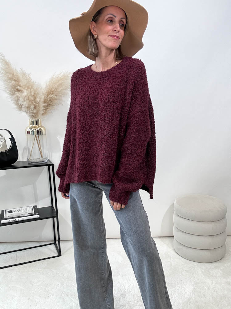 "Bouclé" kuscheliger Oversize Pulli - bordeaux