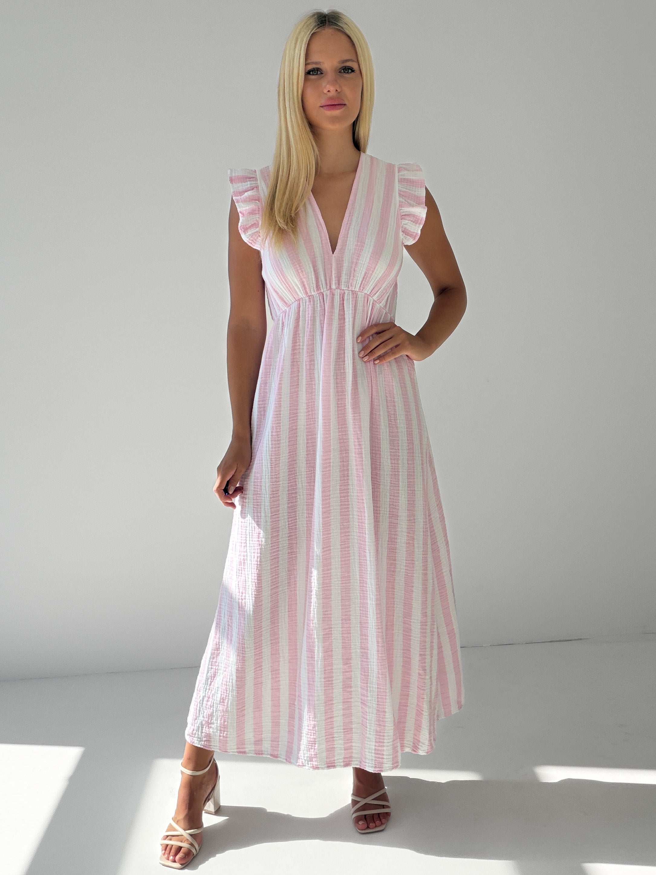 "Pianosa Stripes" Maxikleid aus Musselin - rosa/weiß