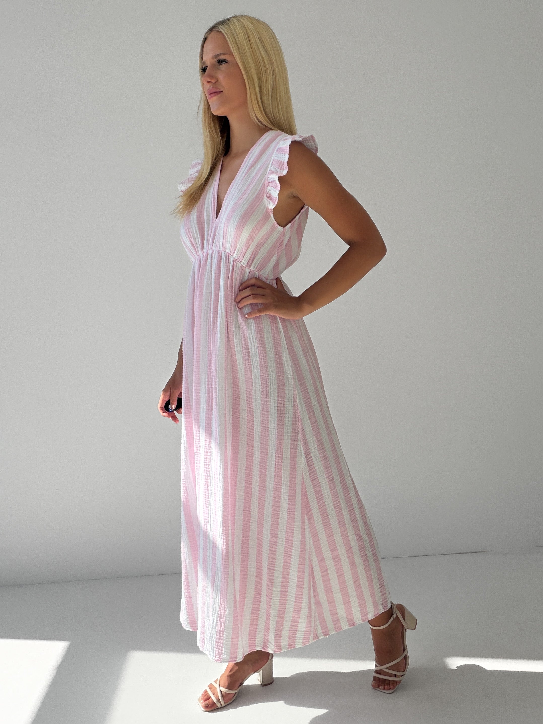 "Pianosa Stripes" Maxikleid aus Musselin - rosa/weiß