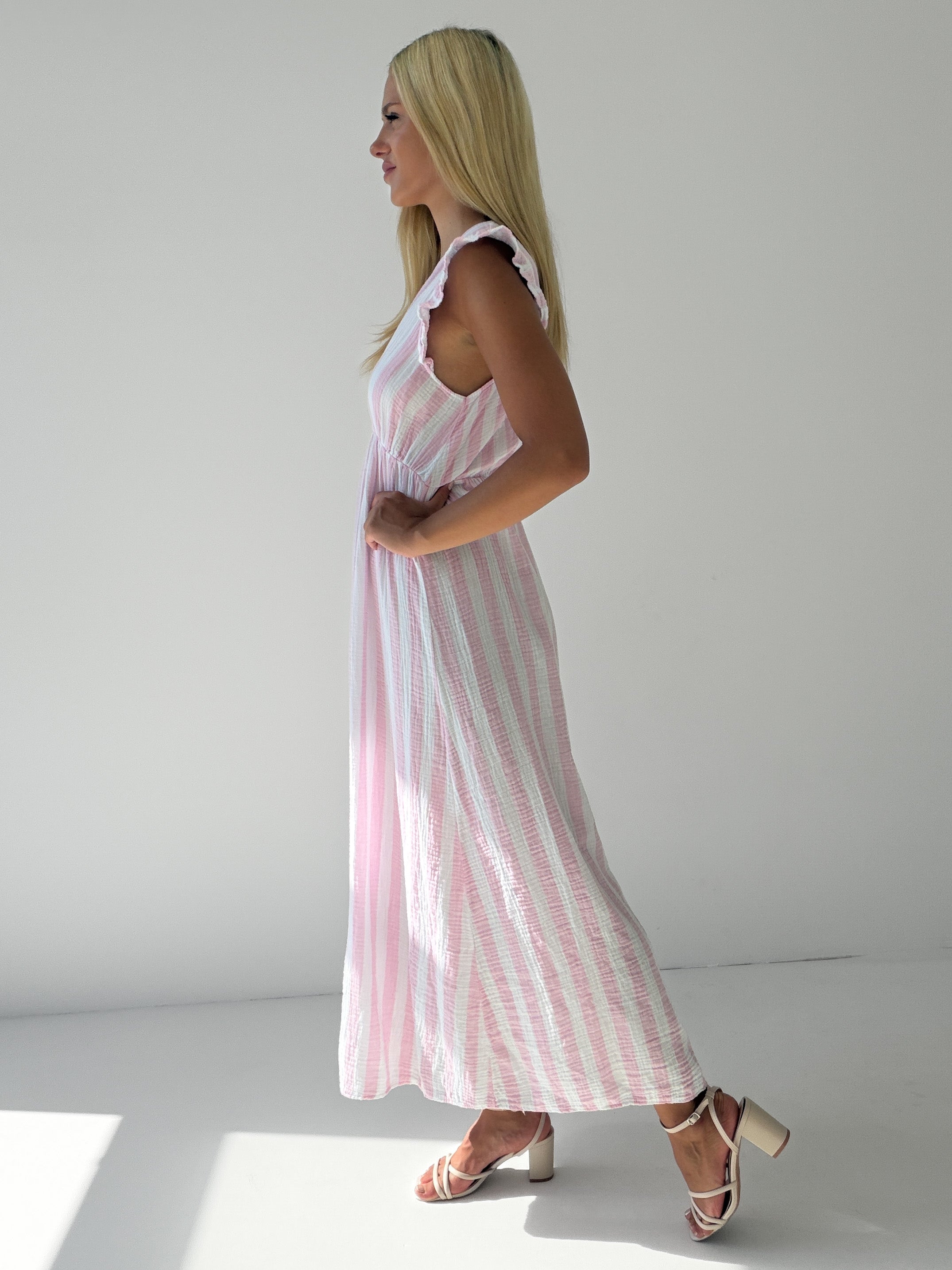 "Pianosa Stripes" Maxikleid aus Musselin - rosa/weiß