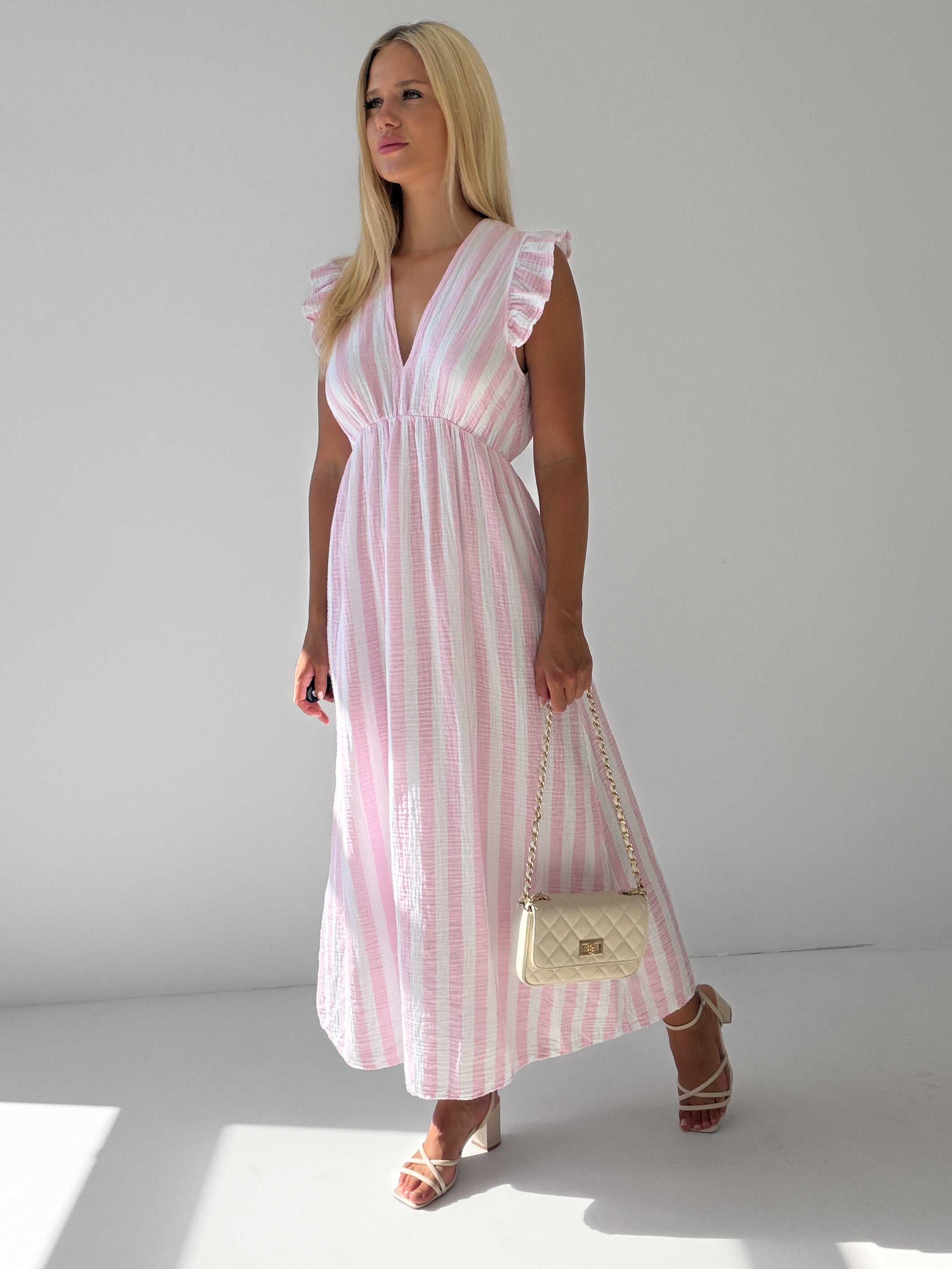 "Pianosa Stripes" Maxikleid aus Musselin - rosa/weiß