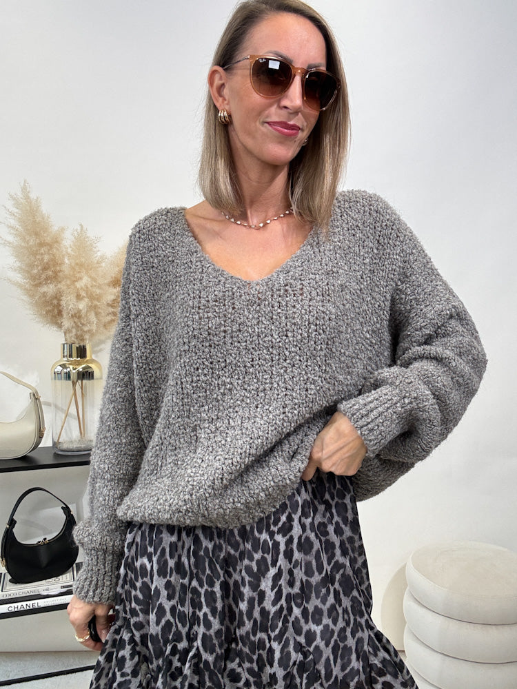 "Bouclé V" kuscheliger Pullover - wintertaupe