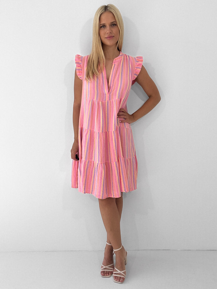 "Sicilia Little Stripes Midi" Kleid aus Musselin - rosa