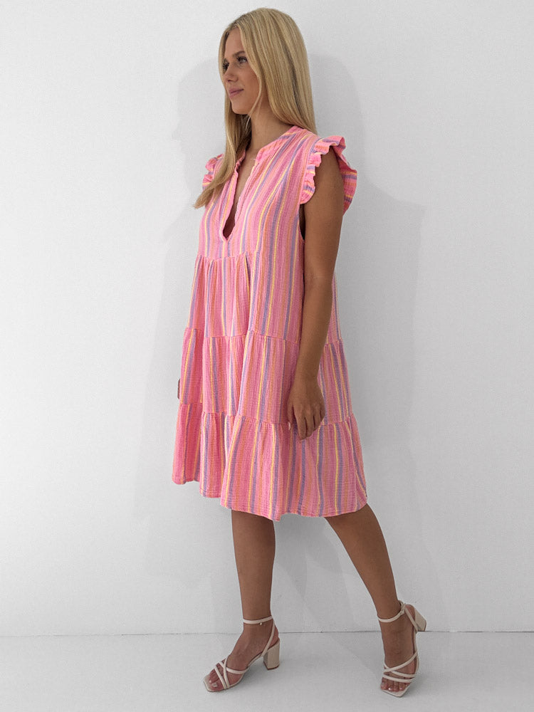 "Sicilia Little Stripes Midi" Kleid aus Musselin - rosa