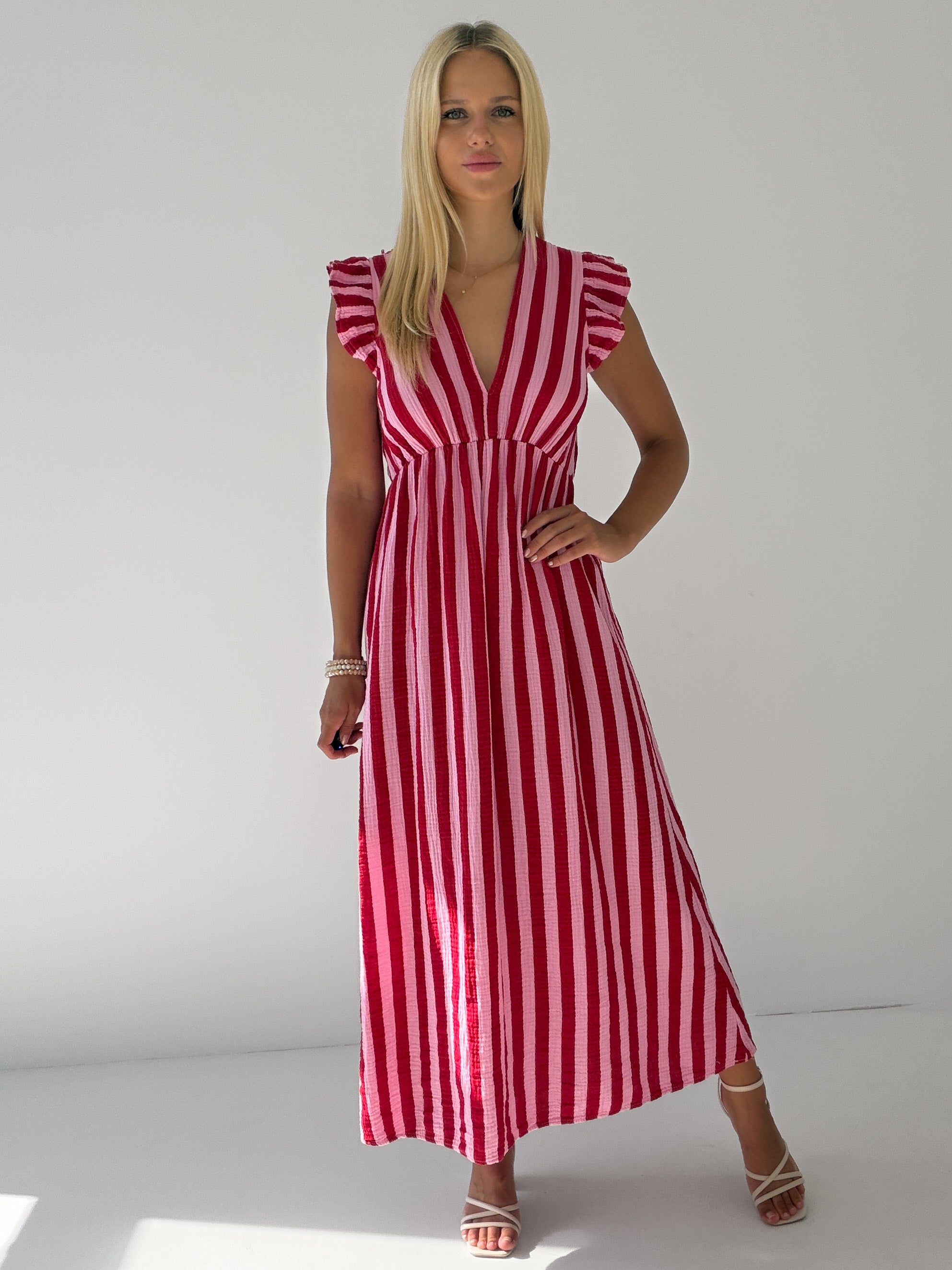 "Pianosa Stripes" Maxikleid aus Musselin - rosa/rot