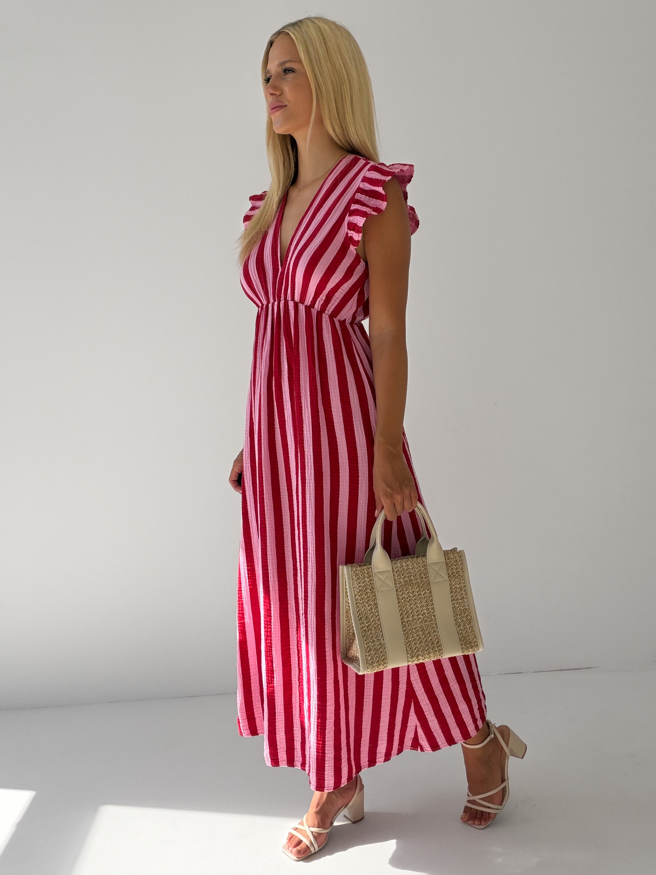 "Pianosa Stripes" Maxikleid aus Musselin - rosa/rot