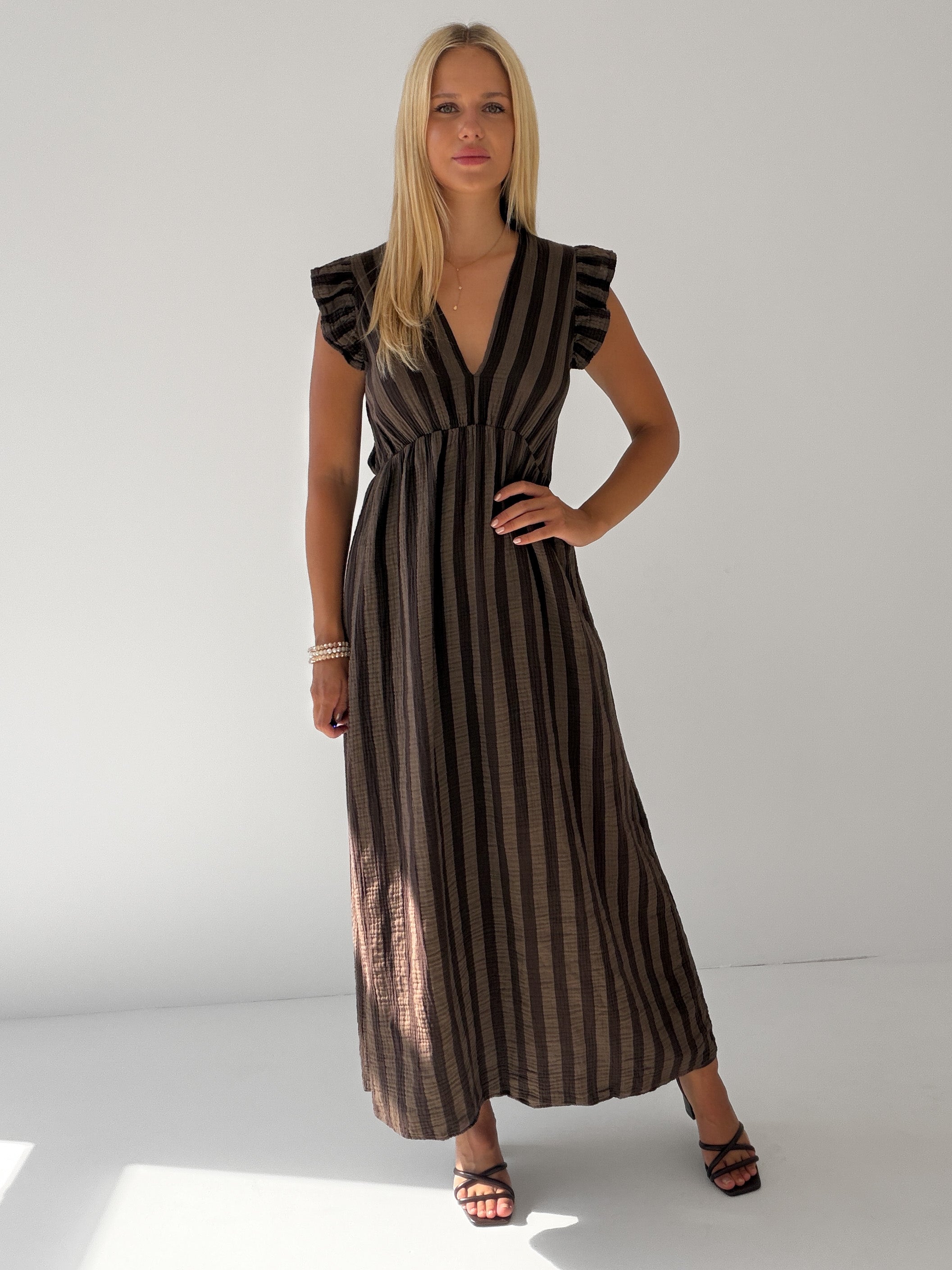 "Pianosa Stripes" Maxikleid aus Musselin - mocca