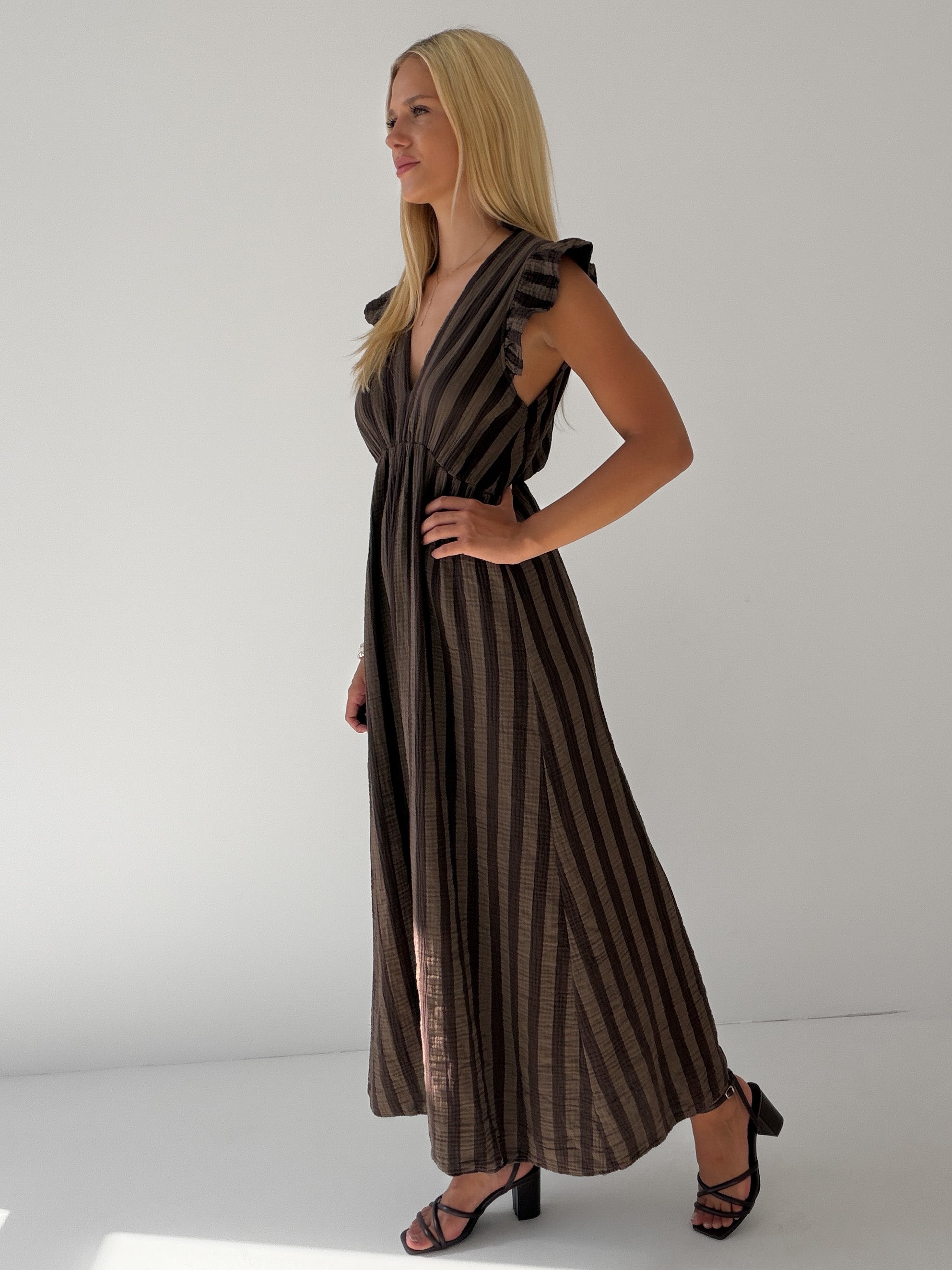 "Pianosa Stripes" Maxikleid aus Musselin - mocca