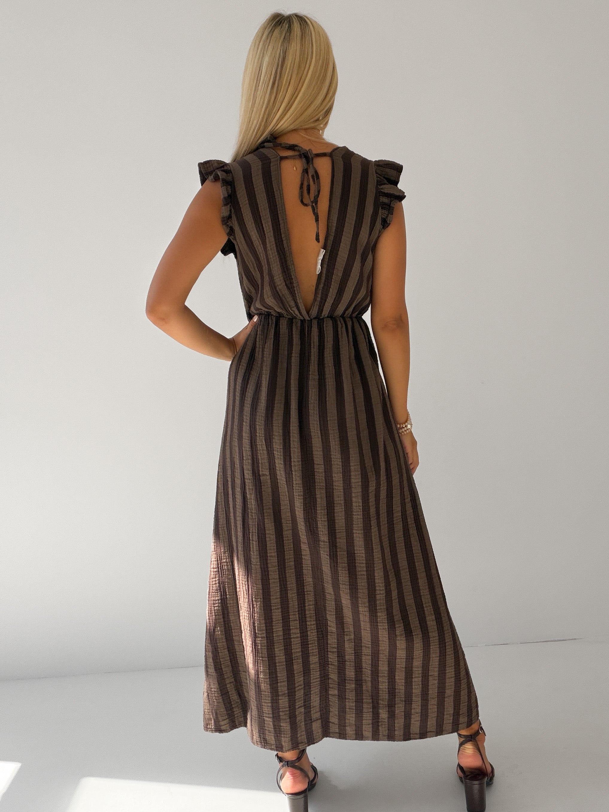 "Pianosa Stripes" Maxikleid aus Musselin - mocca