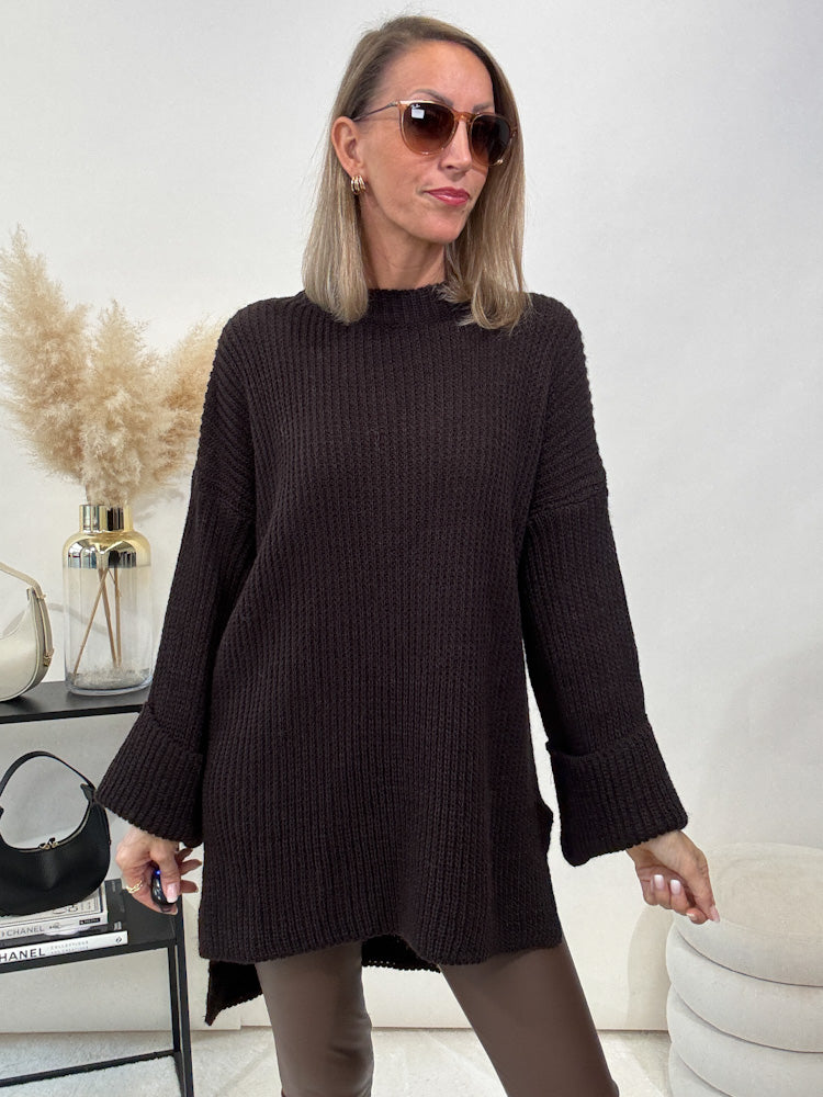 Strickpullover mit Schlitz - choco braun