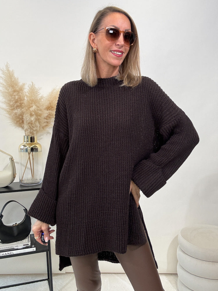 Strickpullover mit Schlitz - choco braun