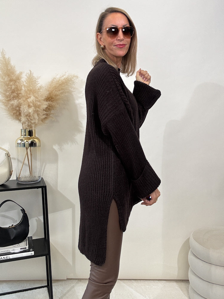 Strickpullover mit Schlitz - choco braun