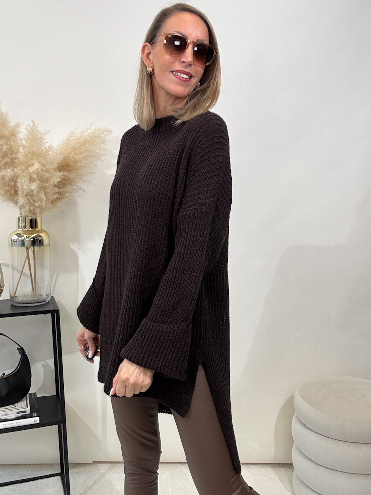 Strickpullover mit Schlitz - choco braun