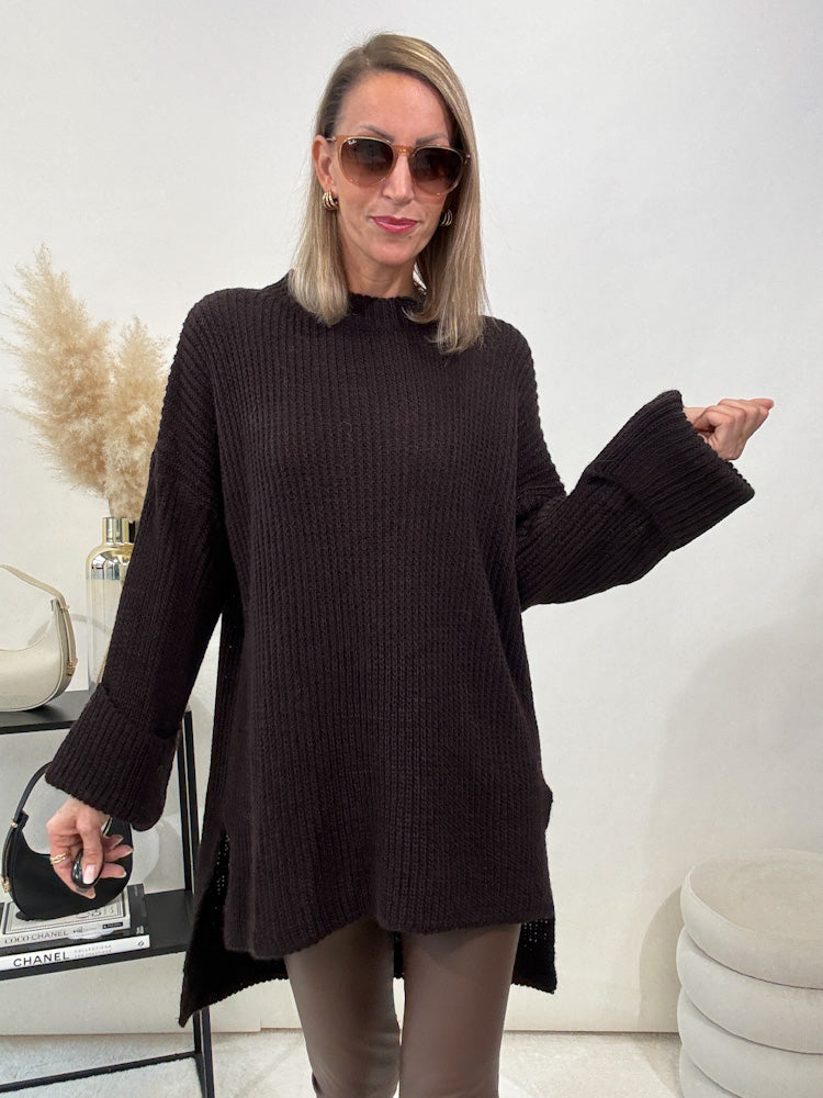 Strickpullover mit Schlitz - choco braun