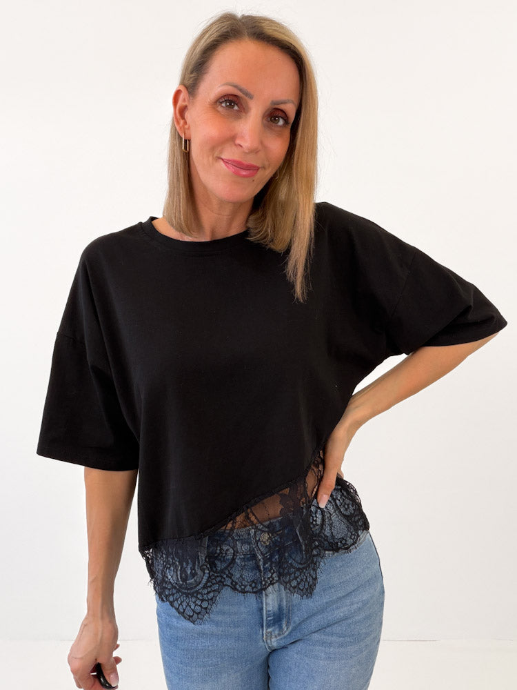 "Faro Lace" stylisches T-Shirt mit Spitzendetails - schwarz