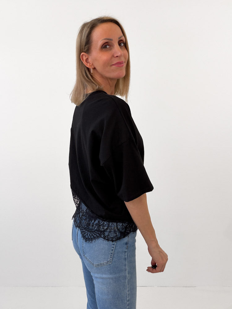 "Faro Lace" stylisches T-Shirt mit Spitzendetails - schwarz