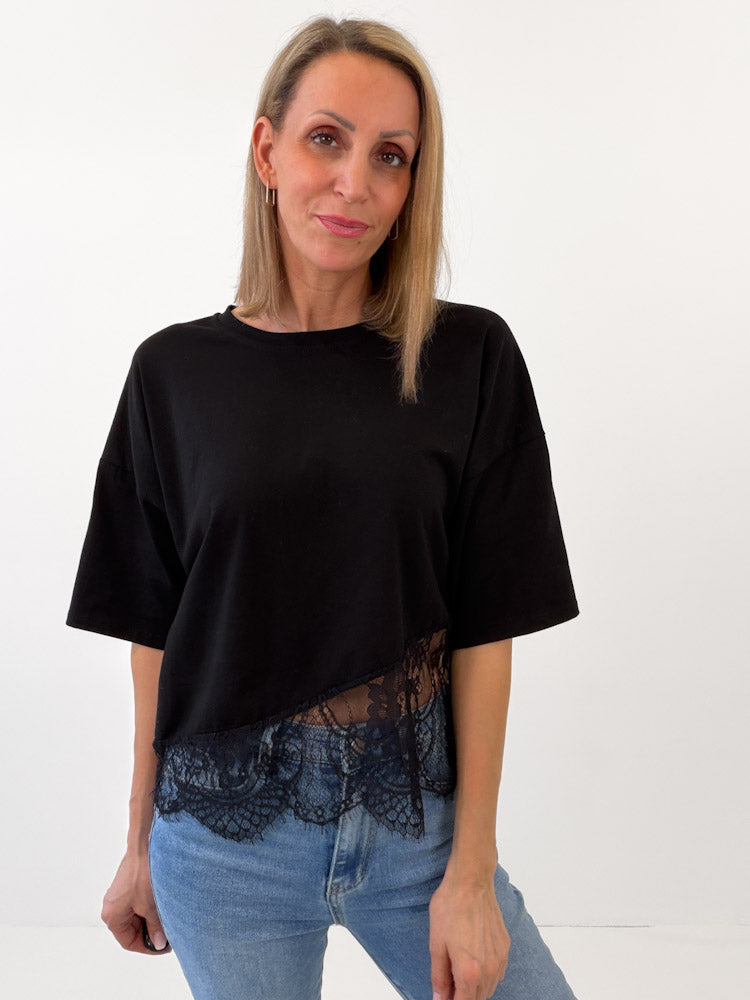"Faro Lace" stylisches T-Shirt mit Spitzendetails - schwarz