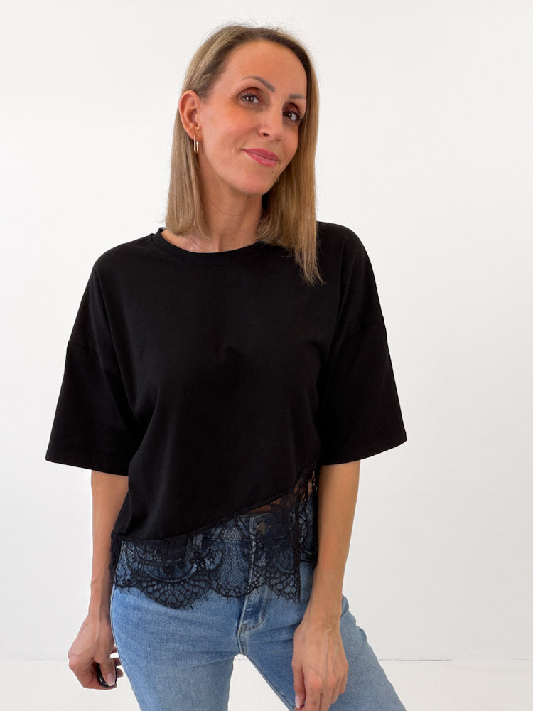 "Faro Lace" stylisches T-Shirt mit Spitzendetails - schwarz