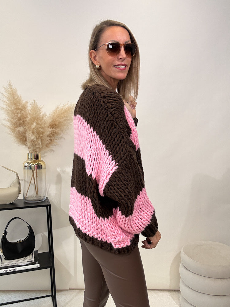 "Trento Stripes" kuscheliger Cargigan - braun/ rosa