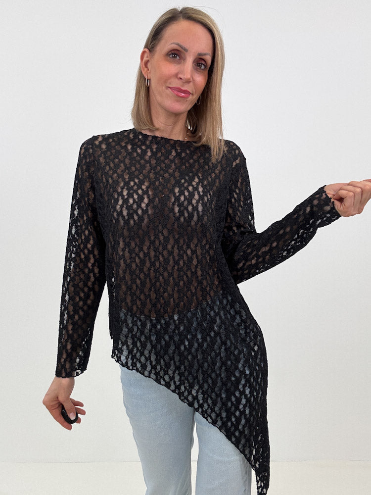 "Secret Lace" tolles asymmetrisches Longshirt aus Spitze - schwarz
