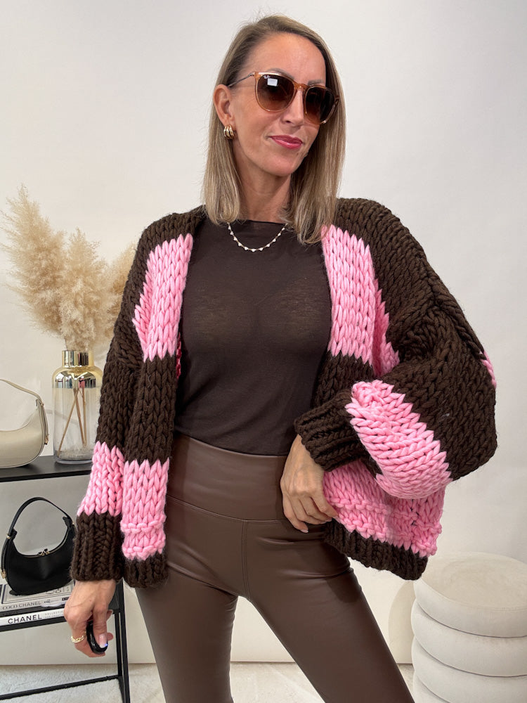 "Trento Stripes" kuscheliger Cargigan - braun/ rosa