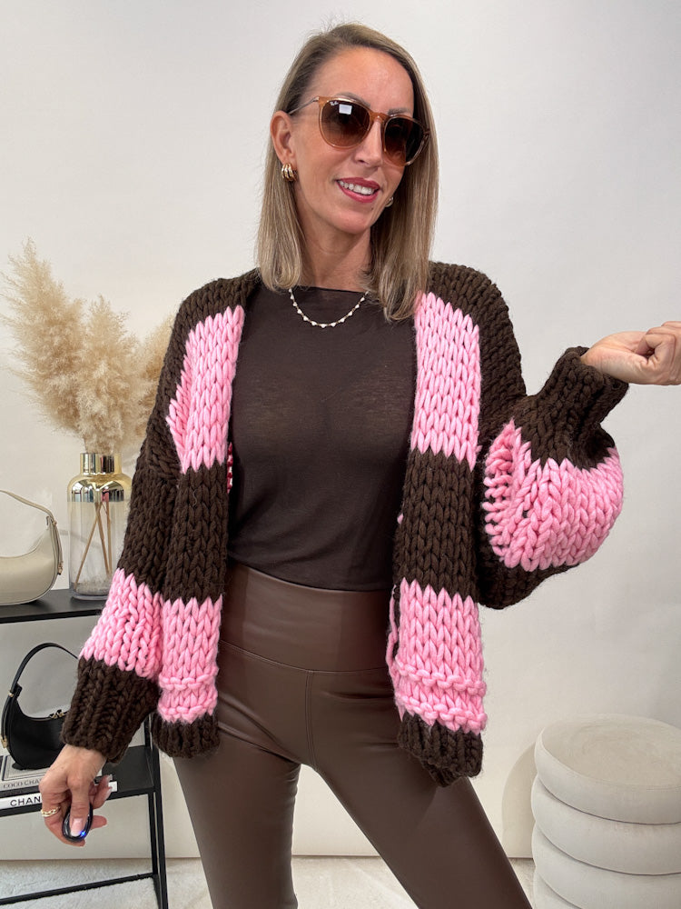 "Trento Stripes" kuscheliger Cargigan - braun/ rosa