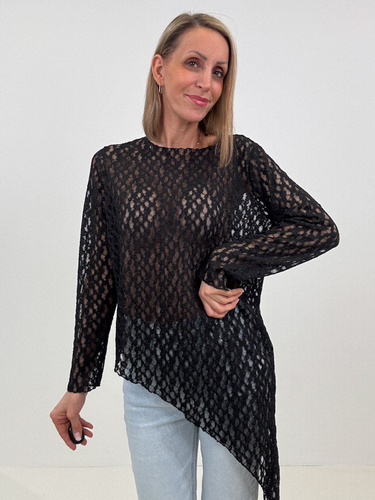 "Secret Lace" tolles asymmetrisches Longshirt aus Spitze - schwarz