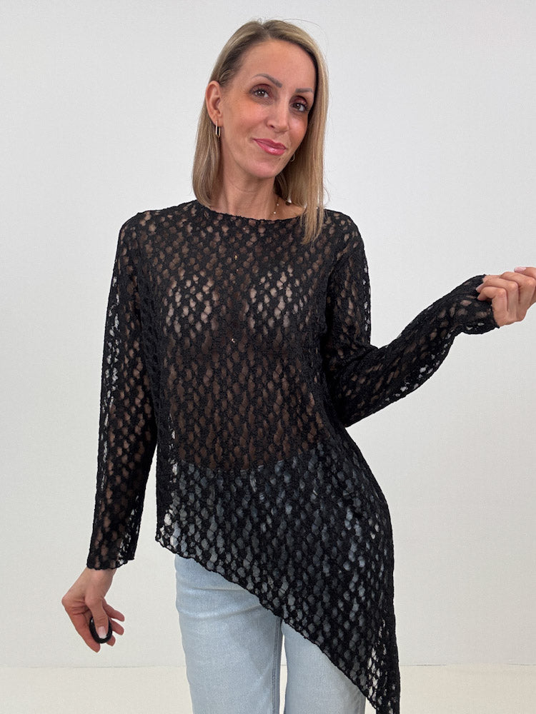 "Secret Lace" tolles asymmetrisches Longshirt aus Spitze - schwarz