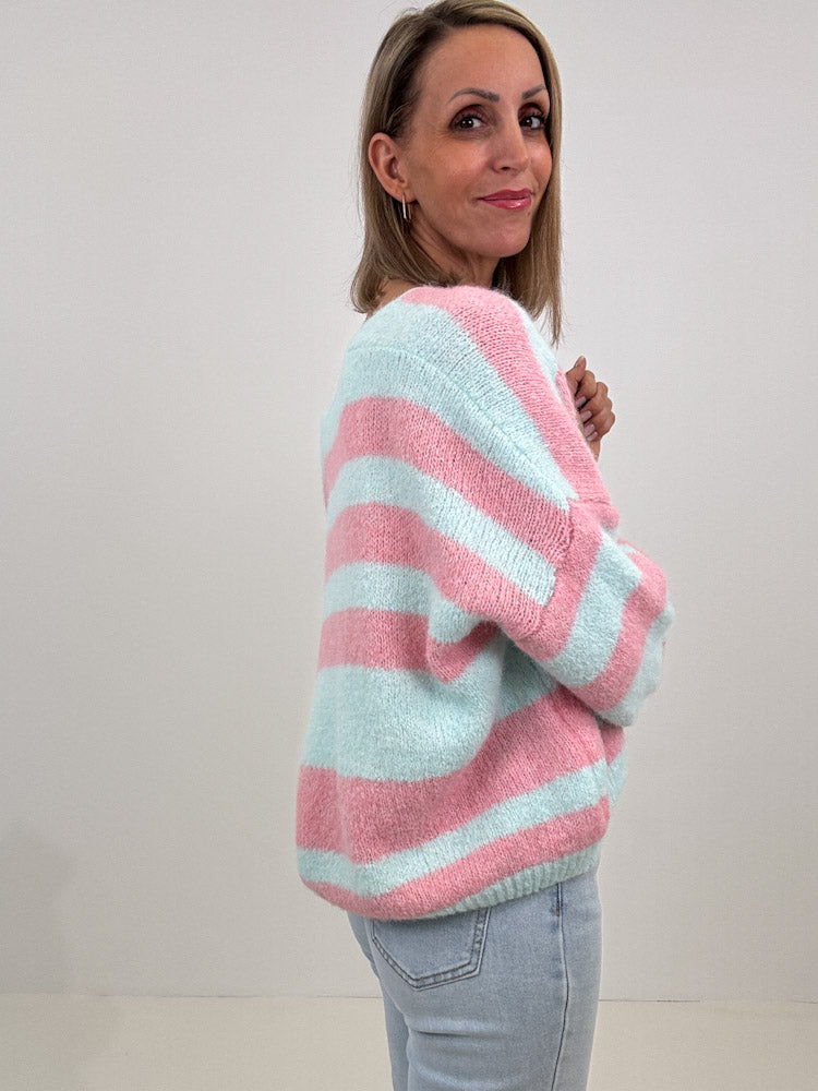 "Denver Stripes" weicher Cardigan mit Lana Wolle - türkis/rosa
