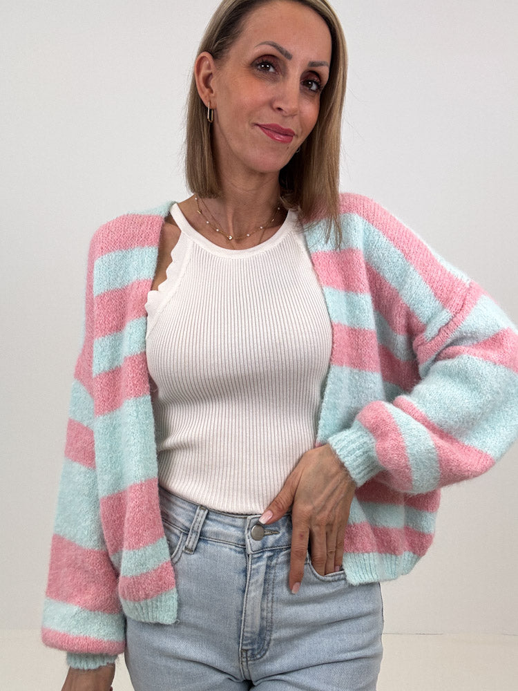 "Denver Stripes" weicher Cardigan mit Lana Wolle - türkis/rosa