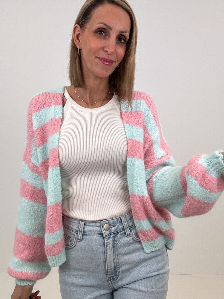 "Denver Stripes" weicher Cardigan mit Lana Wolle - türkis/rosa