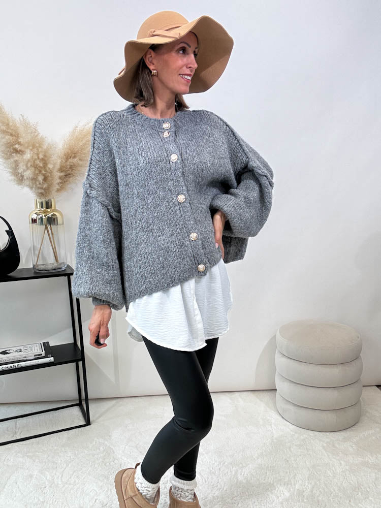 "Cozy Button Mini" kuscheliger Cardigan - grau