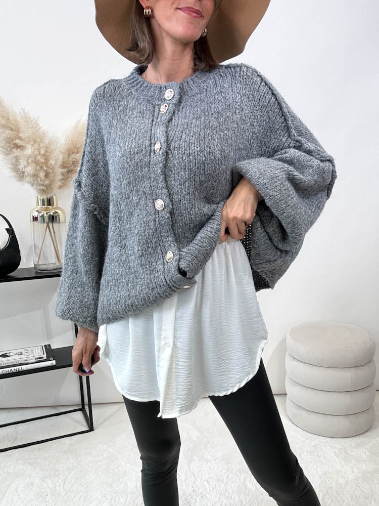 "Cozy Button Mini" kuscheliger Cardigan - grau