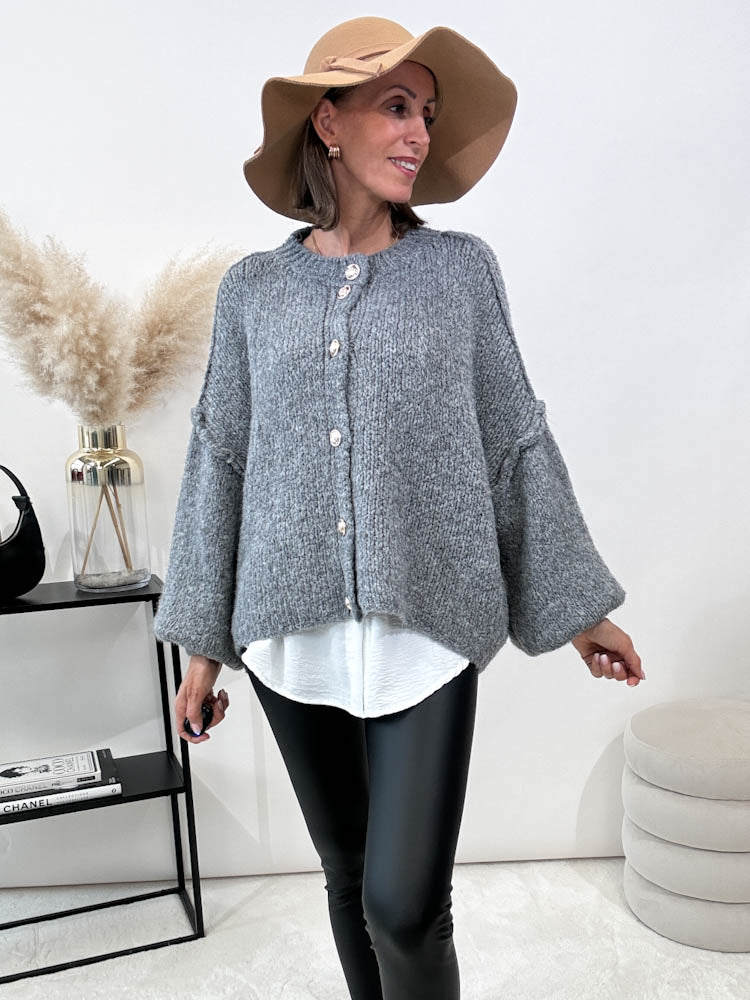 "Cozy Button Mini" kuscheliger Cardigan - grau