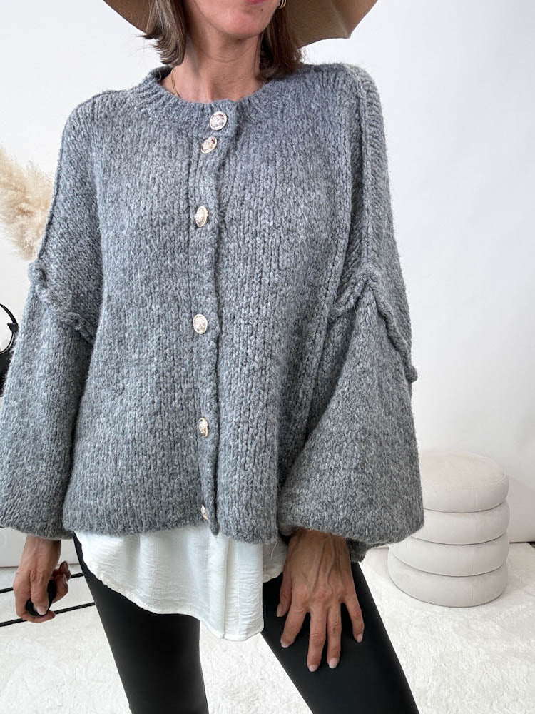 "Cozy Button Mini" kuscheliger Cardigan - grau