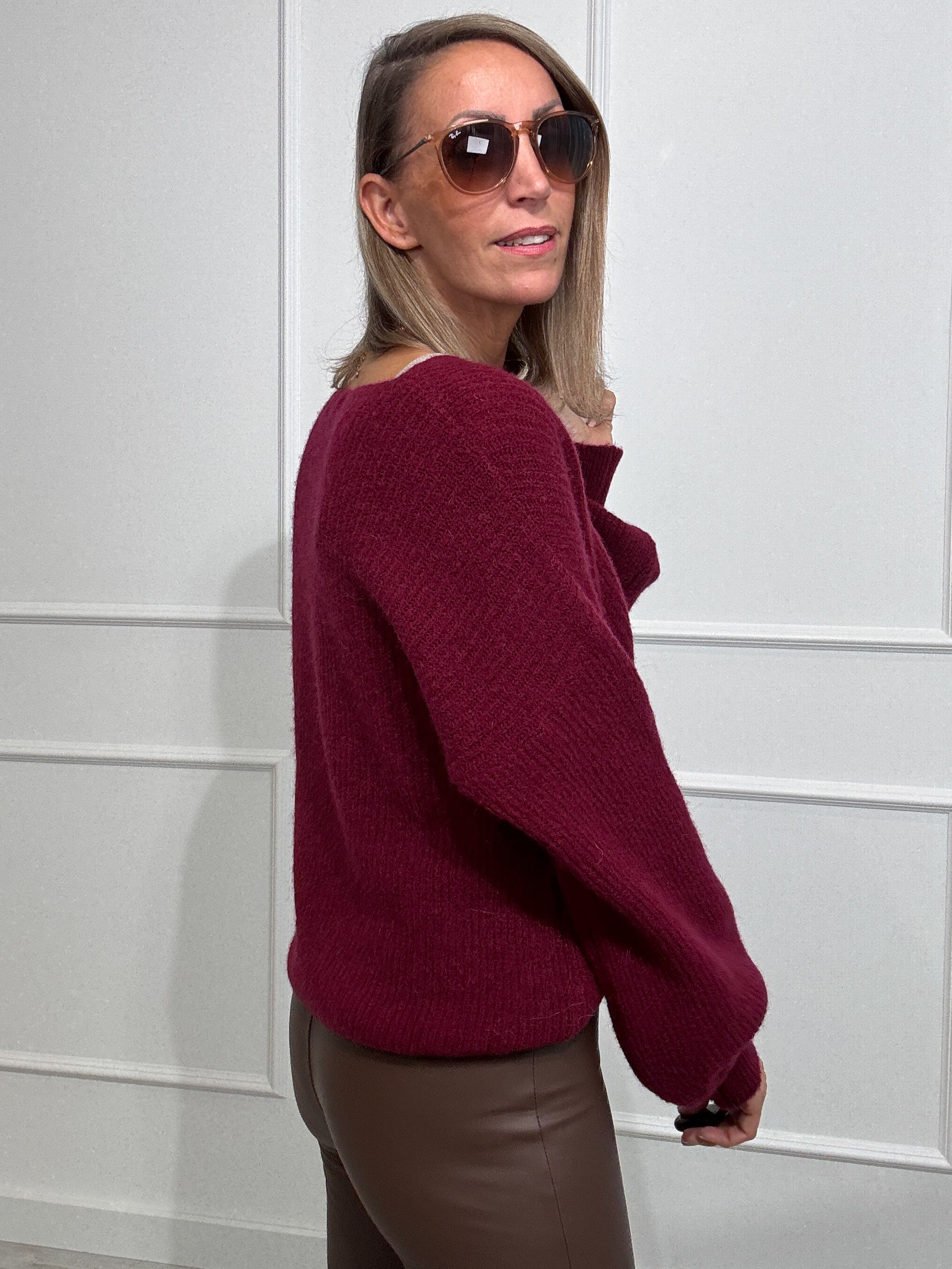 "New York V" weicher Strickpullover - bordeaux