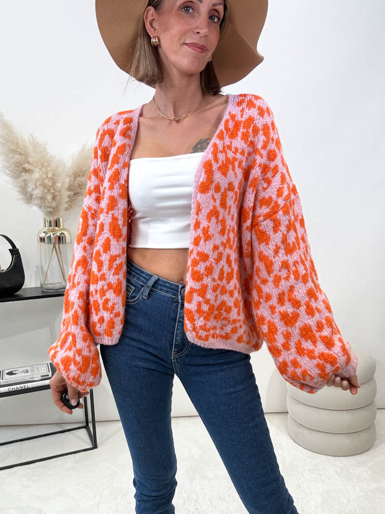 "Milano" kuscheliger Leo Cardigan - rosa/orange