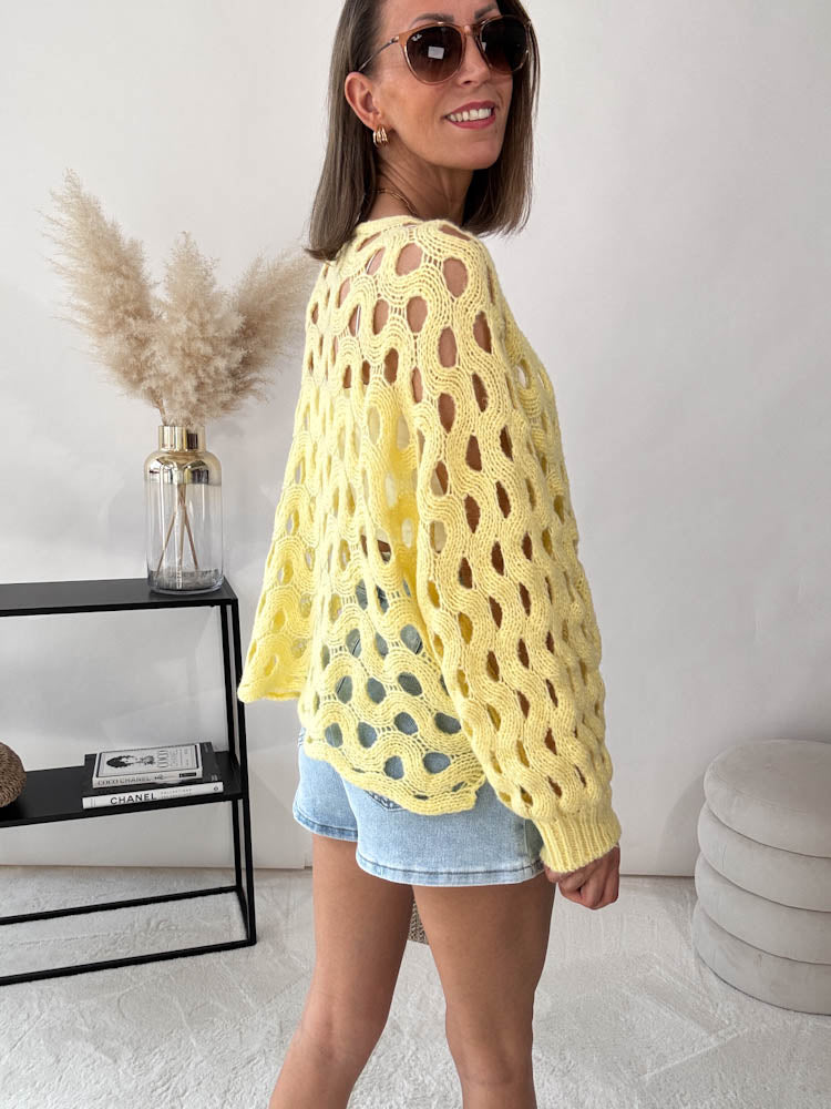 "Ibiza" Boho-Strickpullover mit Lochmuster- gelb