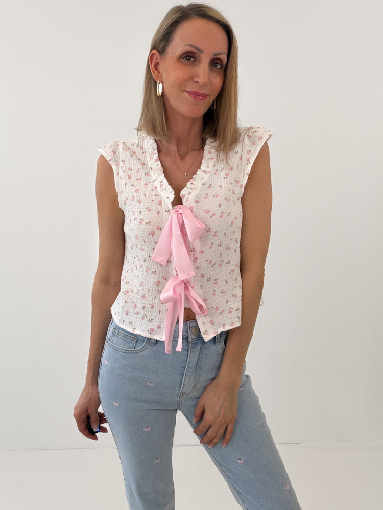 "Little Rosy Bow" süße Musselintop mit Blumenmuster - weiß/ rosa