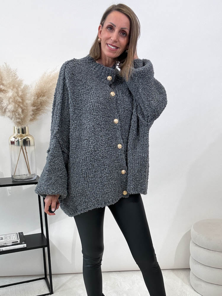 "Bouclé Button" kuscheliger Cardigan - grau