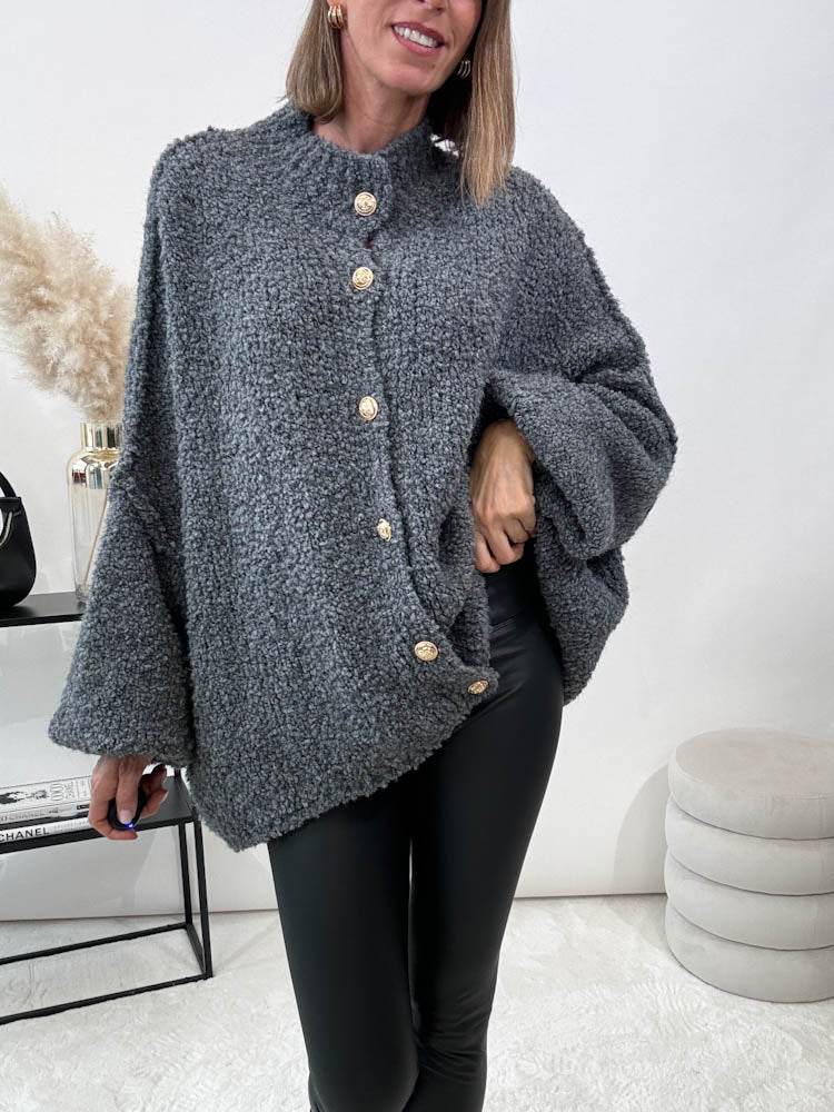 "Bouclé Button" kuscheliger Cardigan - grau