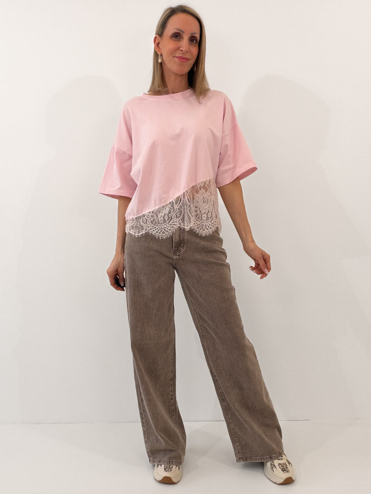 "Faro Lace" stylisches T-Shirt mit Spitzendetails - hellrosa