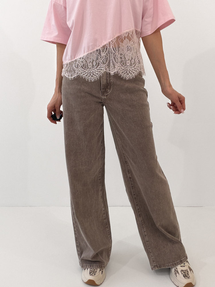 "Mousse" Wide Leg Jeans - washing mocca